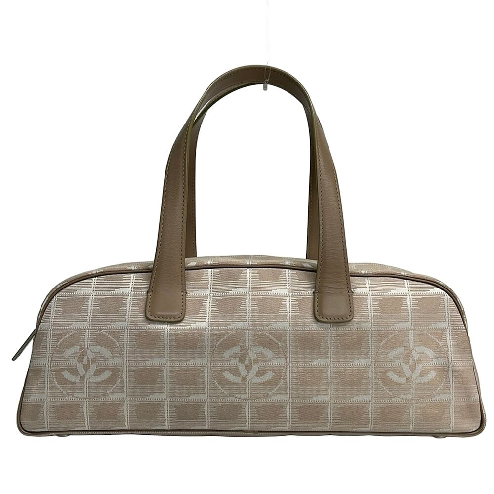 Chanel New Travel Line Handbag Beige White Jacquard Leather